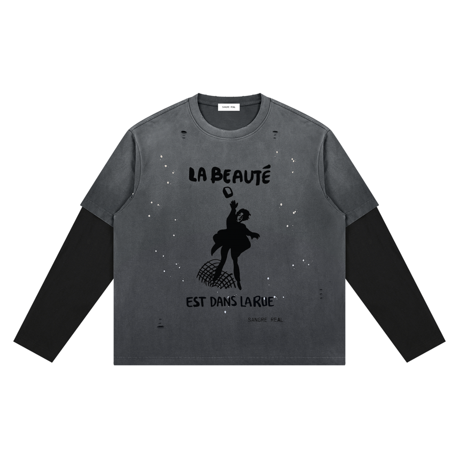 La Beaute Vintage Wash Distressed Layer T-Shirt — Dark Gray with Black