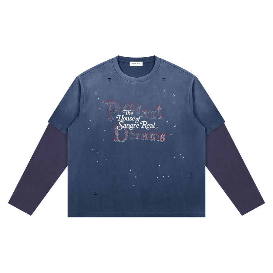 Pleasant Dreams Vintage Wash Distressed Layer T-Shirt — Jeans Blue with Purple