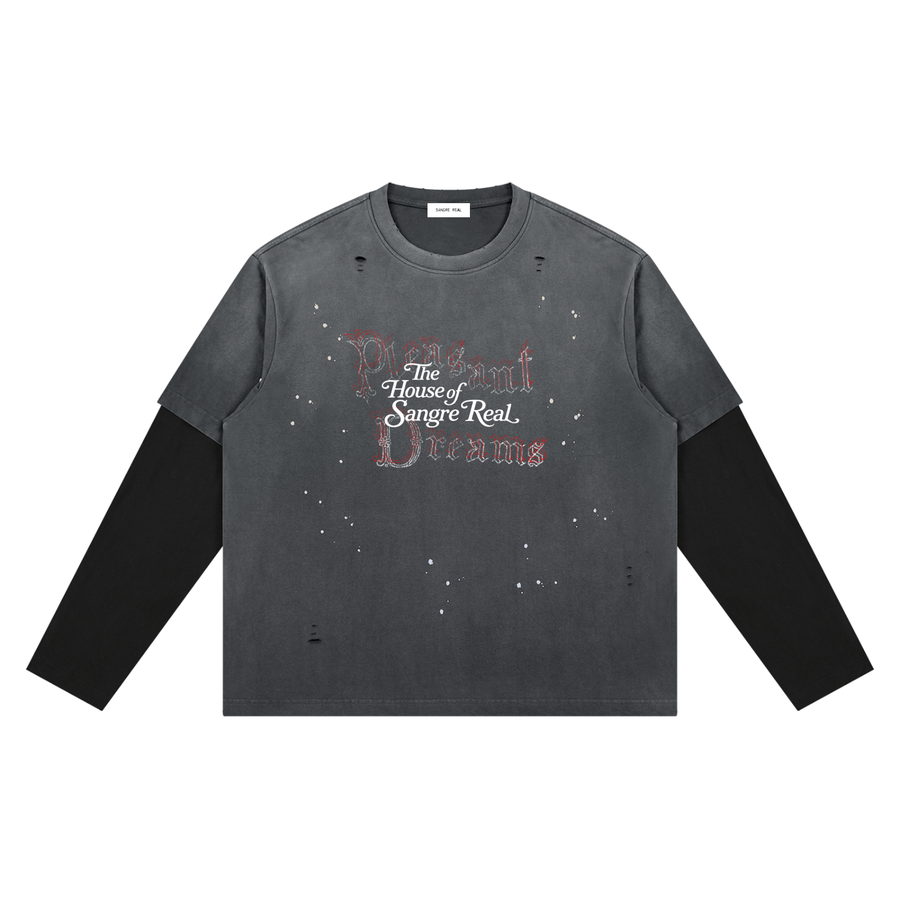 Pleasant Dreams Vintage Wash Distressed Layer T-Shirt — Dark Gray with Black